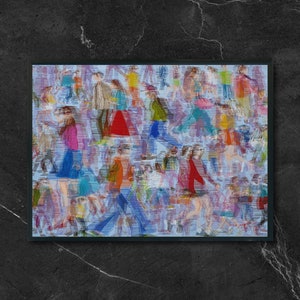 May include: A painting of a crowd of people in a variety of colors and patterns. The people are all blurred and overlapping, creating a sense of movement and energy.