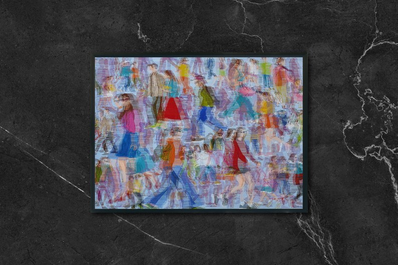 May include: A painting of a crowd of people in a variety of colors and patterns. The people are all blurred and overlapping, creating a sense of movement and energy.