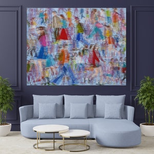 May include: Abstract painting of a crowd of people in various colors and patterns on a light blue background.