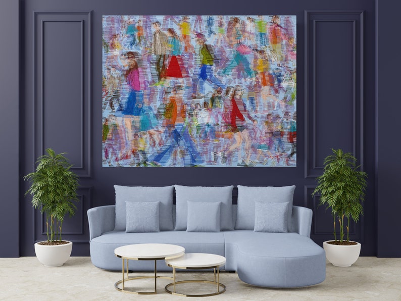 May include: Abstract painting of a crowd of people in various colors and patterns on a light blue background.