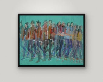 City Dwellers Crosshatch Print | Urban Street Scene Acrylic Painting (Digital Download)