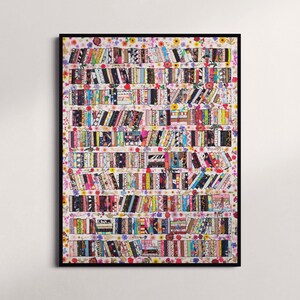May include: A colorful bookshelf filled with books with floral patterns and designs. The books are arranged in rows on the shelves, creating a visually appealing and intricate pattern.