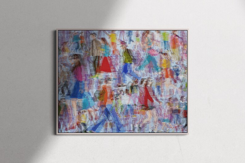 May include: A colorful abstract painting depicting a crowd of people in various shades of blue, red, green, and yellow. The figures are blurred and overlapping, creating a sense of movement and energy.