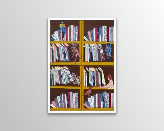 Book Lover Gift | Cats On The Bookshelf | Library Decor | Colorful Bookshelf Poster | Contemporary Printable Wall Art