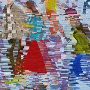 May include: Abstract painting with a colorful, striped pattern. The painting features a group of people in various colors and poses. The background is a light blue color.