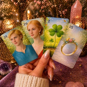 Può includere: Una mano che tiene quattro carte dei tarocchi. Le carte raffigurano un giovane, una donna, un quadrifoglio e un anello d'oro. Le carte sono numerate 2, 25, 28 e 29. Lo sfondo include fiori, candele e cristalli.