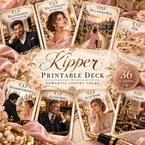 Könnte beinhalten: Ein Kipper-Kartendeck zum Ausdrucken mit 36 Karten im romantischen Luxus-Design. Die Karten zeigen verschiedene Illustrationen wie Personen, eine Landschaft und Eheringe sowie Textbeschriftungen wie Hauptperson Männlich, Ehe und Gericht.