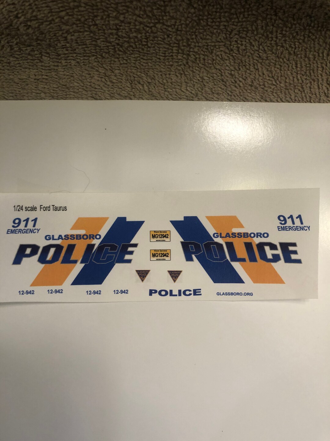 1/24 Scale Glassboro New Jersey Police Dept Waterslide Decals Made to Fit the 1/24 Scale