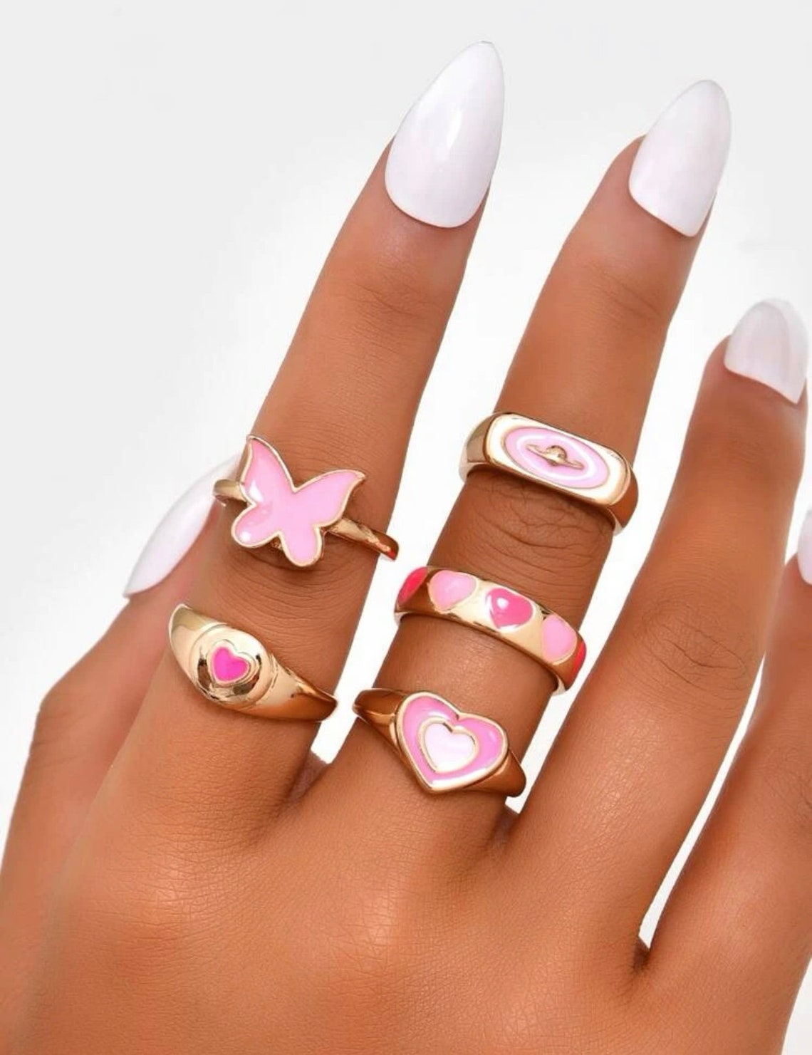 Pink Girls Ring Set Y2k Rings Love Heart Rings Gift for Etsy UK