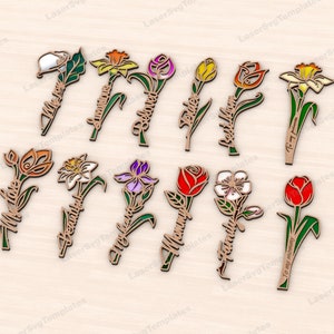 Laser geschnitten Holz Name Blumen 12 Bundle svg Vorlage Glowforge dekorative benutzerdefinierte Wildblumen Dxf Vektor personalisierte Blumen Laser geschnitten cnc
