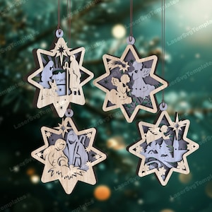 Ornamenti a forma di palline di stelle della Natività multistrato file di taglio laser in formato svg Glowforge Natività pallina ornamento albero decorazione dxf modello vettoriale di Natale