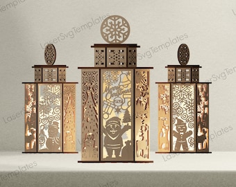 Laser Cut Christmas Lantern SVG Template Gingerbread Snowman Tealight