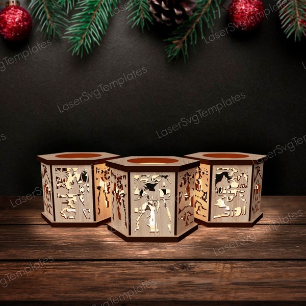 Wooden nativity Christmas candle holder svg laser cut file Glowforge Christmas table lamp svg Christmas lantern vector dxf cnc patern