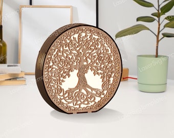 Decorative Tree night light lamp laser cut svg file Glowforge wooden tree round table lamp svg file DXF Wooden lantern vector plan pattern