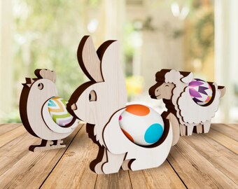 3 Soportes para huevos de Pascua cortados con láser SVG Pollito, cordero y gallo de pie Decoración
