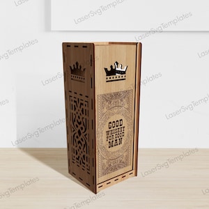 Laser geschnitten Whisky Geschenkbox aus Holz svg Glowforge Flasche Geschenkboxhalter svg Cricut Geschenkbox Muster Dxf Cnc Vektor Vorlage