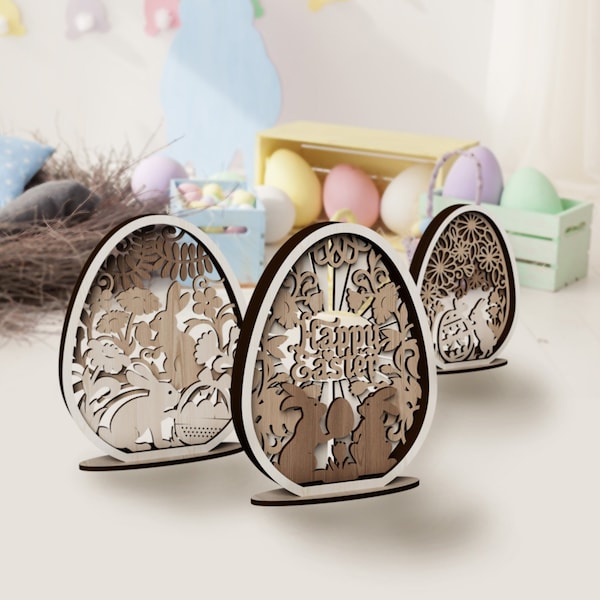 Laser cut Multilayer Easter bunny egg table decor svg template Glowforge 3D multi layer wooden Easter table decoration dxf cut plan Digital