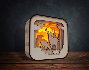 Wooden table night lamp deer scene svg laser cut file Glowforge lampshade table decor forest laser cut svg Multilayer Shadowbox lamp dxf cnc