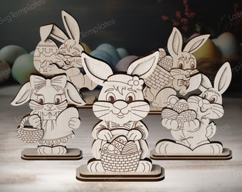 Easter bunny standing table decoration laser cut svg file Glowforge Easter bunny wooden table decor bundle dxf laser vector template