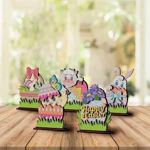 Corte láser Pascua de pie conejito huevo mesa decoración svg tempalte Glowforge adornos de Pascua decoración de la mesa paquete dxf plantilla vectorial láser