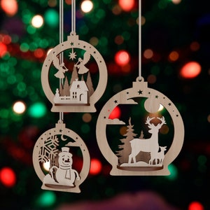 Ornements de sapin de Noël en bois boule 3D découpé au laser fichier svg Glowforge boule de Noël ornements arbre decororation svg cricut Noël dxf