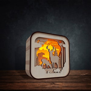 Wooden table night lamp deer scene svg laser cut file Glowforge lampshade table decor forest laser cut svg Multilayer Shadowbox lamp dxf cnc
