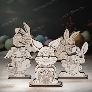 Lapin de Pâques debout décoration de table découpé au laser fichier svg Glowforge lapin de Pâques décoration de table en bois bundle modèle vectoriel laser dxf