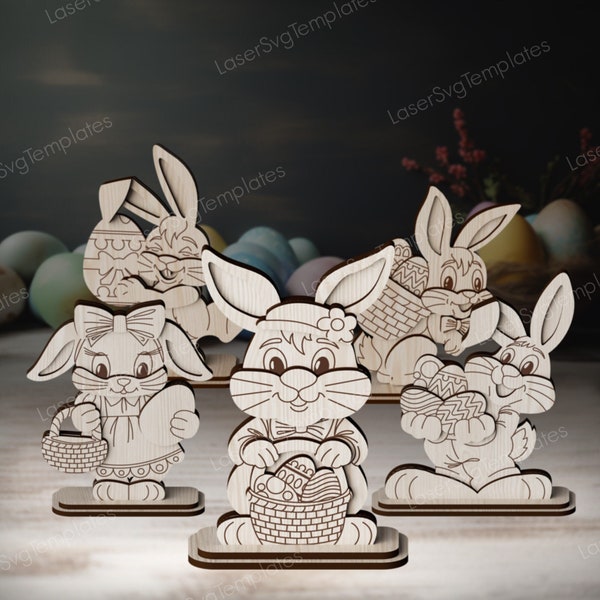 Easter bunny standing table decoration laser cut svg file Glowforge Easter bunny wooden table decor bundle dxf laser vector template