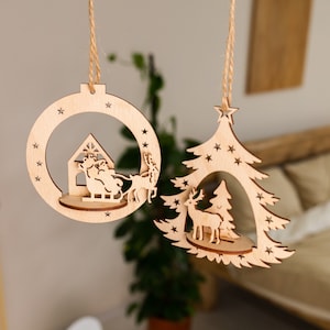 Ornement de boule de Noël en bois 3D découpé au laser fichier svg Glowforge ornements de boule de Noël décor d’arbre svg cricut Noël dxf cnc modèle