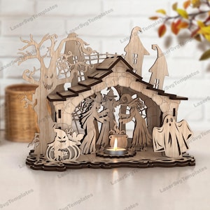 Halloween scène kaarshouder lasergesneden svg-bestand Glowforge Halloween tafellamp svg Halloween tafel decor dxf cnc sjabloon Halloween laser