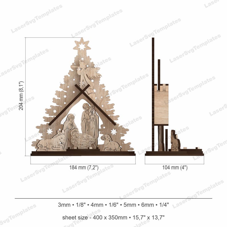 May include: A wooden Nativity scene, laser-cut with detailed figures of Mary, Joseph, baby Jesus, and animals. The design includes a star, angel, and a tree-shaped backdrop. Dimensions are 7.2" wide, 8.1" high, and 4" deep.