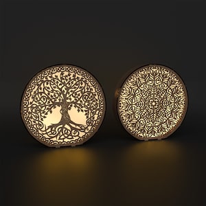 Modèle svg de lampe de nuit mandala décoratif découpé au laser, fichier svg Glowforge, lampe de table ronde arbre en bois DXF lanterne en bois vectorpattern