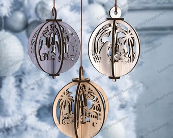Laser cut 3D Nativity tree ball ornaments svg file Glowforge Nativity bauble ornaments tree decor svg Christmas ornaments dxf cnc template
