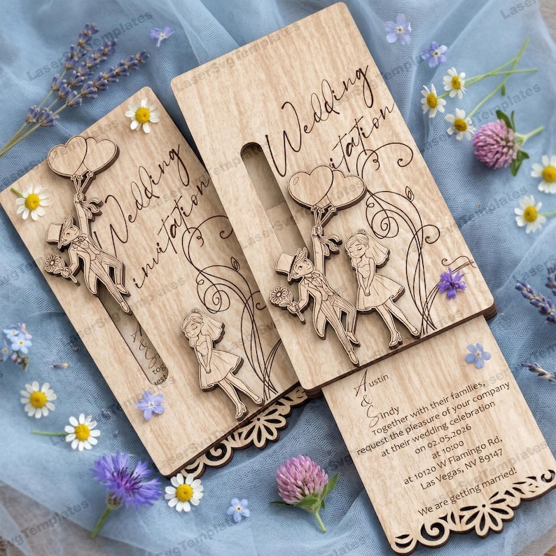 May include: Wooden wedding invitation with laser-cut design. Features a couple with balloons and floral accents. The invitation includes the text "Wedding Invitation" and wedding details. Decorative floral elements surround the invitation.