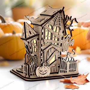 Lampada per scena di casa di Halloween tagliata al laser file SVG Glowforge Miniature di Halloween SVG Decorazione da tavolo di Halloween DXF Modello CNC Laser di Halloween