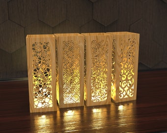 8 lanterne in legno, lampade da tavolo moderne con taglio laser SVG, portacandele