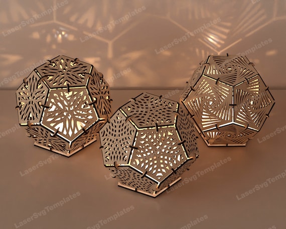 Laser cut wooden dodecahedron table lamp svg bundle Glowforge decorative dodecahedron night lamp svg template Modern lantern dxf cnc vector