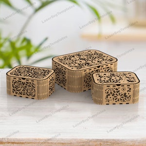 Paquete de caja de regalo de madera decorativa, archivo svg cortado con láser, Caja de joyería de boda Glowforge, Patrón de caja de regalo svg cricut, Plantilla vectorial cnc dxf