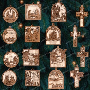 Bolas de Navidad para adornos de árbol de la Natividad, paquete de 16, archivo svg cortado con láser, adornos de árbol de Navidad Glowforge, bolas de Navidad, dxf, cnc, vector