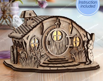 Easter House Lantern SVG Laser Cut Lighted Bunny Cottage Candle Holder