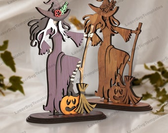 Decorazione da tavolo della strega SVG Tagliata al laser Figura di zucca di Halloween in piedi