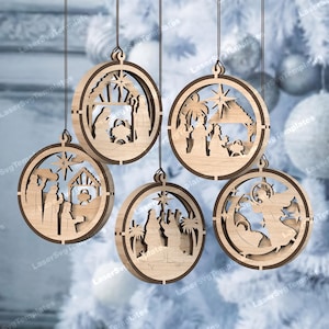 Ornamenti rotondi flessibili per la natività 5 fascio file svg tagliato al laser Glowforge Ornamenti per palline per la natività decorazione per albero svg Pallina per albero della natività dxf