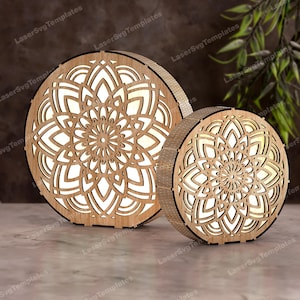 Lampada da notte Mandala tagliata al laser file svg Glowforge albero di legno lampada da tavolo rotonda svg Lanterna di legno dxf vettore cnc Lampada da notte tagliata al laser