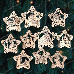 Christmas Star ornaments 10 bundle svg laser cut file Glowforge Nativity bauble ornaments tree decoration svg Christmas tree balls laser dxf