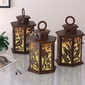 Lasergesneden vogels op boom tafellamp lantaarn SVG sjabloon Glowforge houten zomerbloemen lantaarn SVG vogels kaarshouder tafellamp DXF CNC