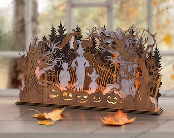 Decorazione da tavolo 3D per caminetto di Halloween, in formato SVG, taglio laser, fantasma, zucca o intagliata.