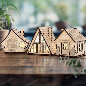 Dekoratives Haus Kerzenhalter 3 Bündel Laserschnitt svg Datei Glowforge Haus Teelichtlampe svg Haus Lampe Tischdekor dxf cnc cnc Hauslampe Laser