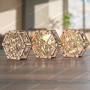 Zeshoek bloem kaarshouder 3 set lasergesneden svg-bestand Glowforge tafellamp cnc vector Lantaarn laser dxf gesneden plan kandelaar laserbestand
