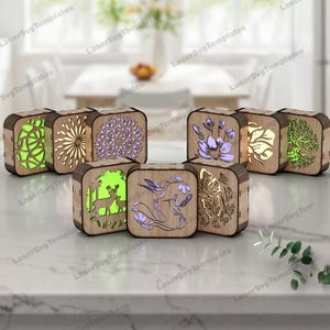 Lampe de nuit découpée au laser, lot de 9 fichiers svg Lampe de table carrée en bois Glowforge, modèle dxf de lanterne en bois en bois Lampe de nuit découpée au laser