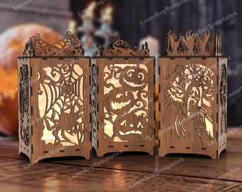 3 Halloween Lantern SVG Laser Cut Tealight Witch Spooky Candle Holder